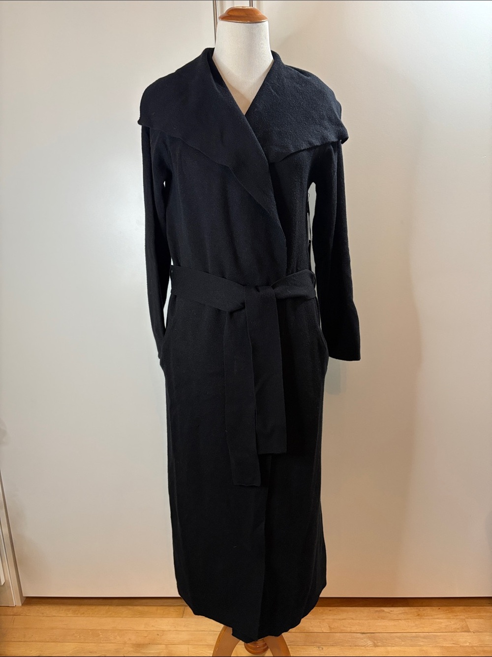 Maxsport Long Black Open-Front Tie-Waist Cardigan Coat